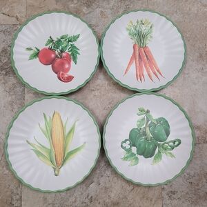 The Farmhouse Rachel Ashwell Set of Four Vegetable Print Plates with Green Trim